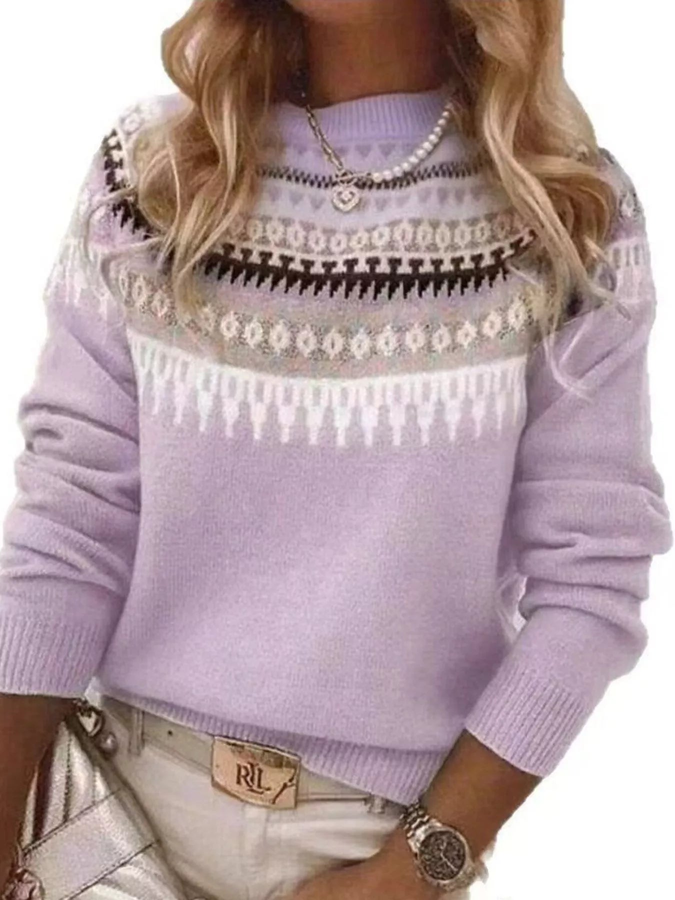 Sarah Express Women's Vintage Patterned Round Neck Sweater Plus Size Purple