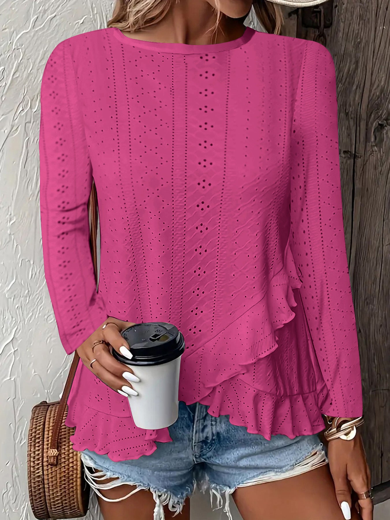 Sarah Express Women's Solid Color Long Sleeve Pullover Top Round Neck Loose Fit