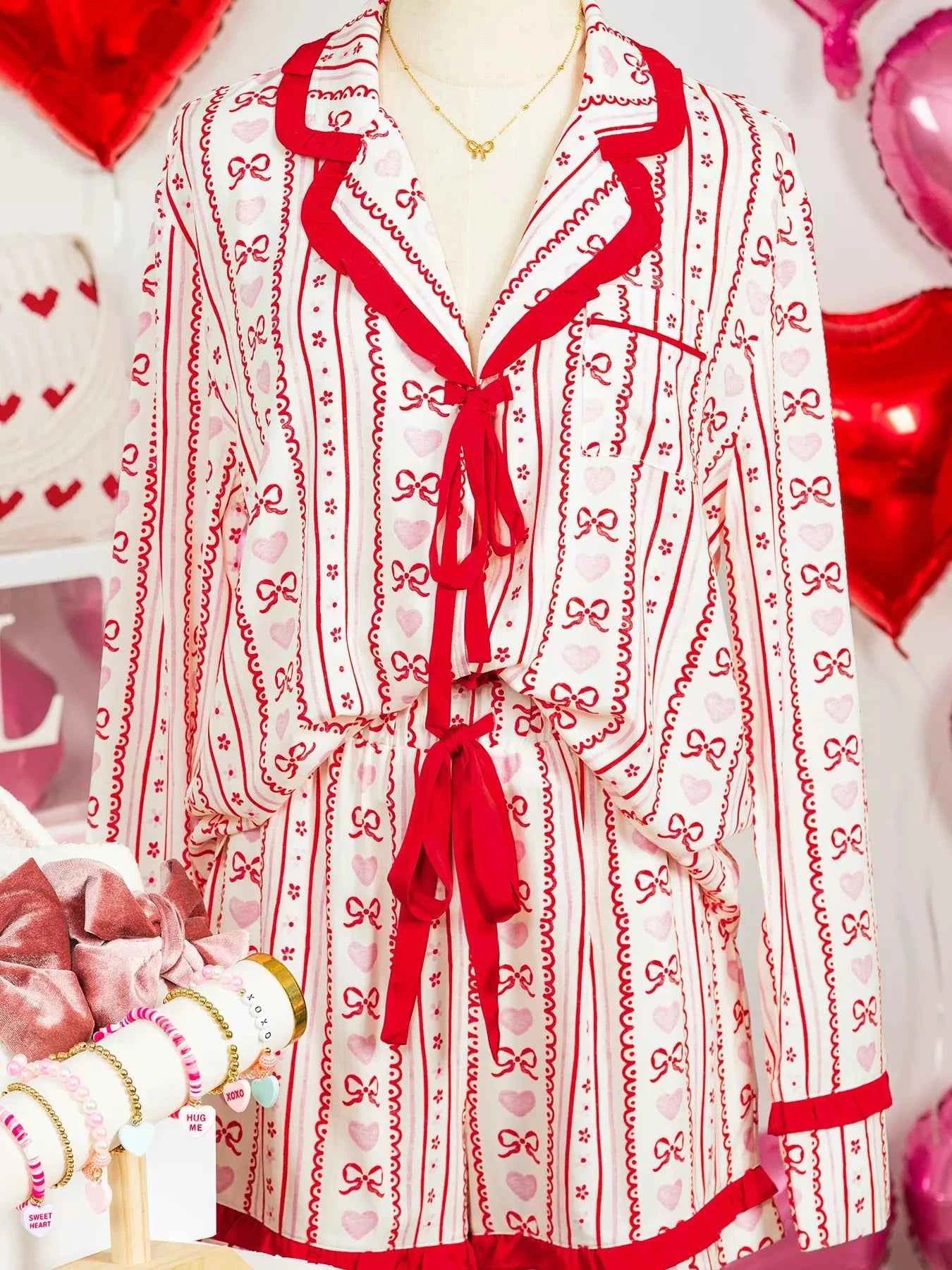 Sarah Express Women's Floral Heart Bow Print Long Sleeve Pajama Set - Two Piece Sleepwear Strawberry