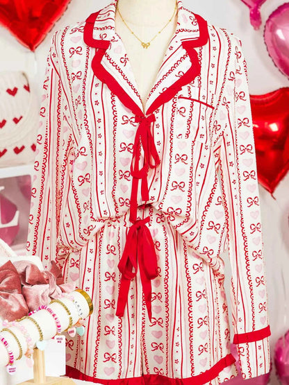 Sarah Express Women's Floral Heart Bow Print Long Sleeve Pajama Set - Two Piece Sleepwear Strawberry