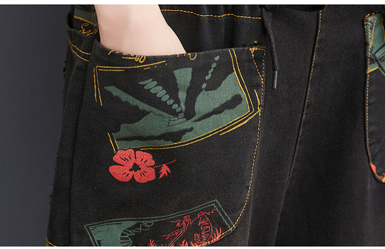 Sarah Express Floral Print Denim Overalls Plus Size Suspender Jeans Cropped
