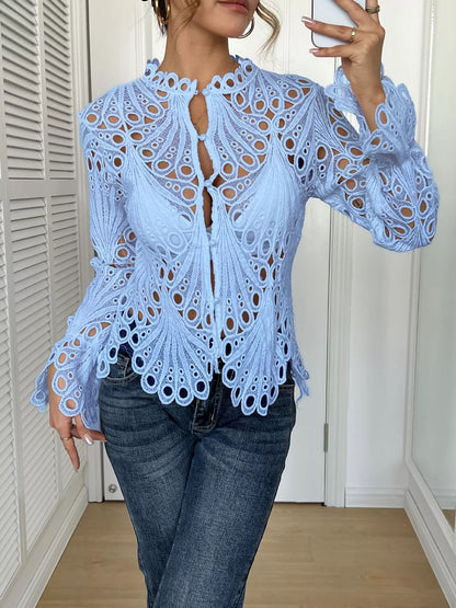 Sarah Express Women's Lace Button Up Long Sleeve Shirt - Elegant Openwork Blouse Blue