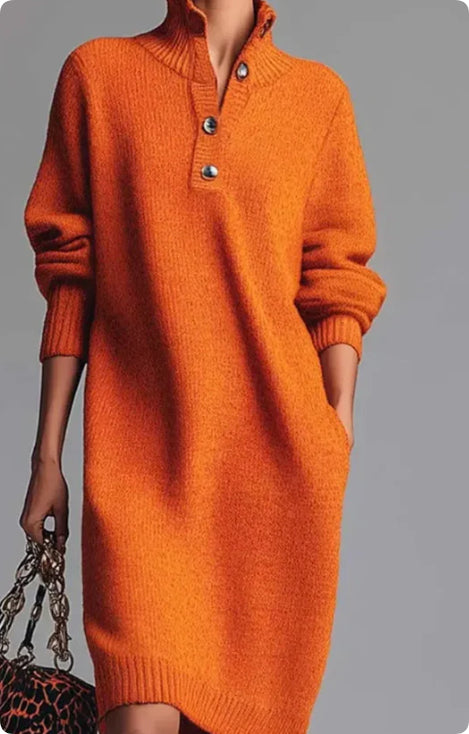 Sarah Express Women's Button-Front Sweater Dress - Warm Stand Collar V-Neck Pullover Orange