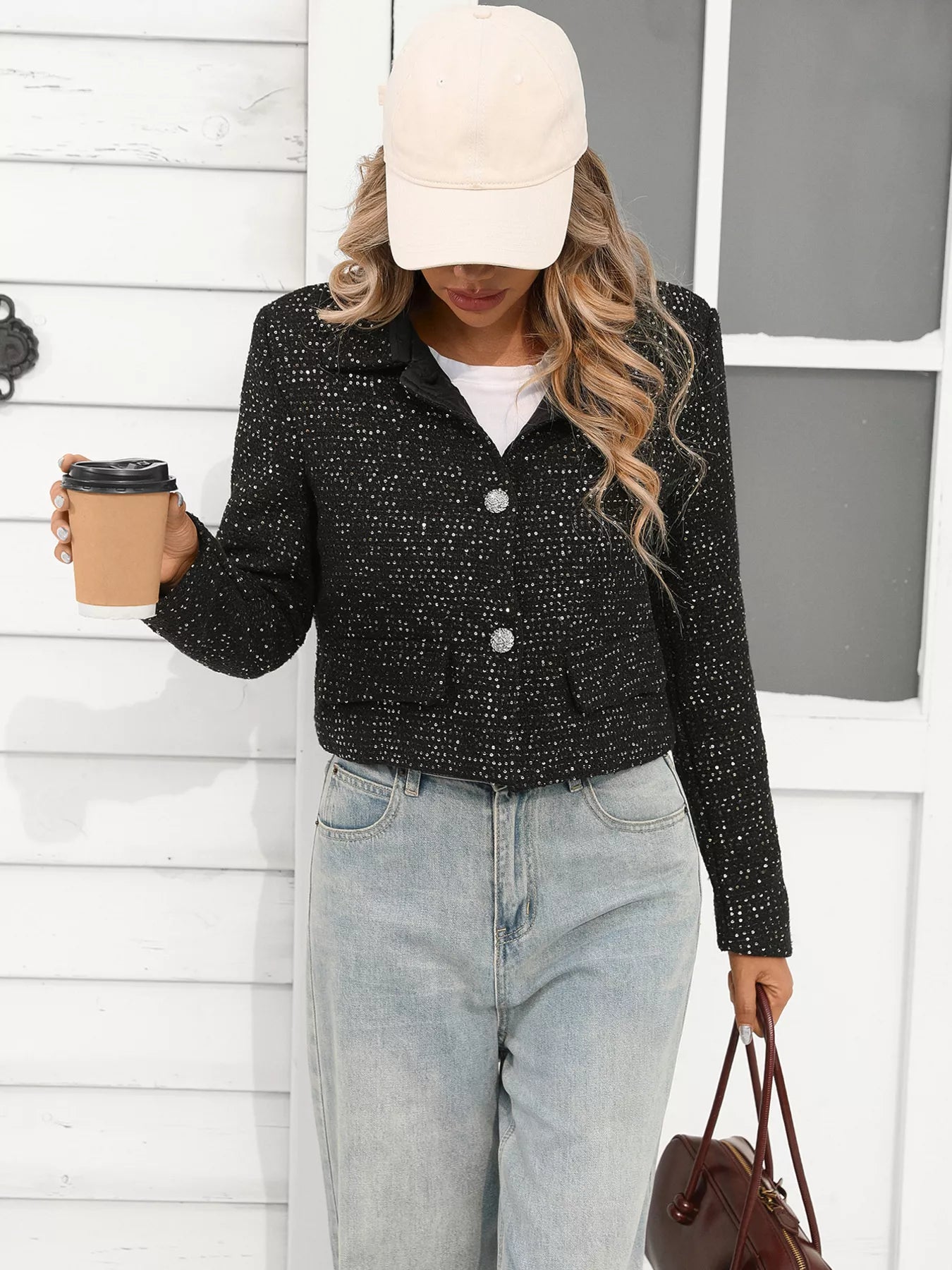 Sarah Express Women's Tweed Button Up Cropped Jacket