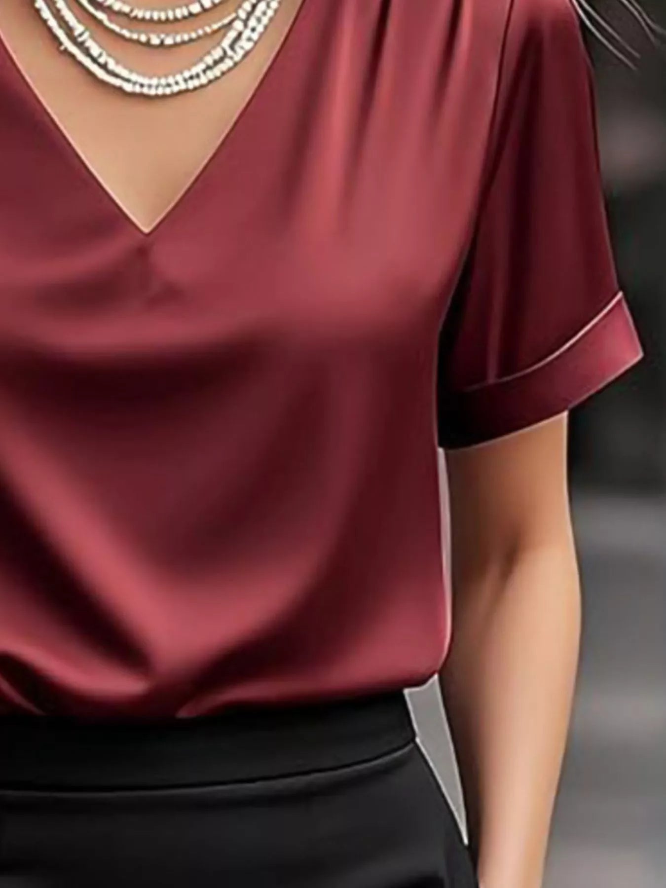 Sarah Express Women's V-Neck Short Sleeve Satin Blouse