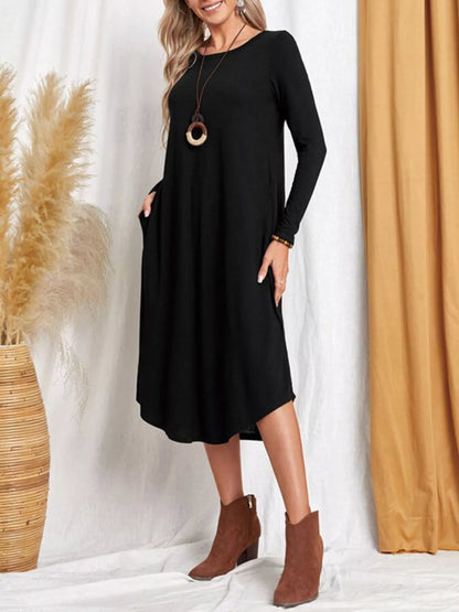 Sarah Express Women's Casual Long Sleeve Pocket Midi Dress Black