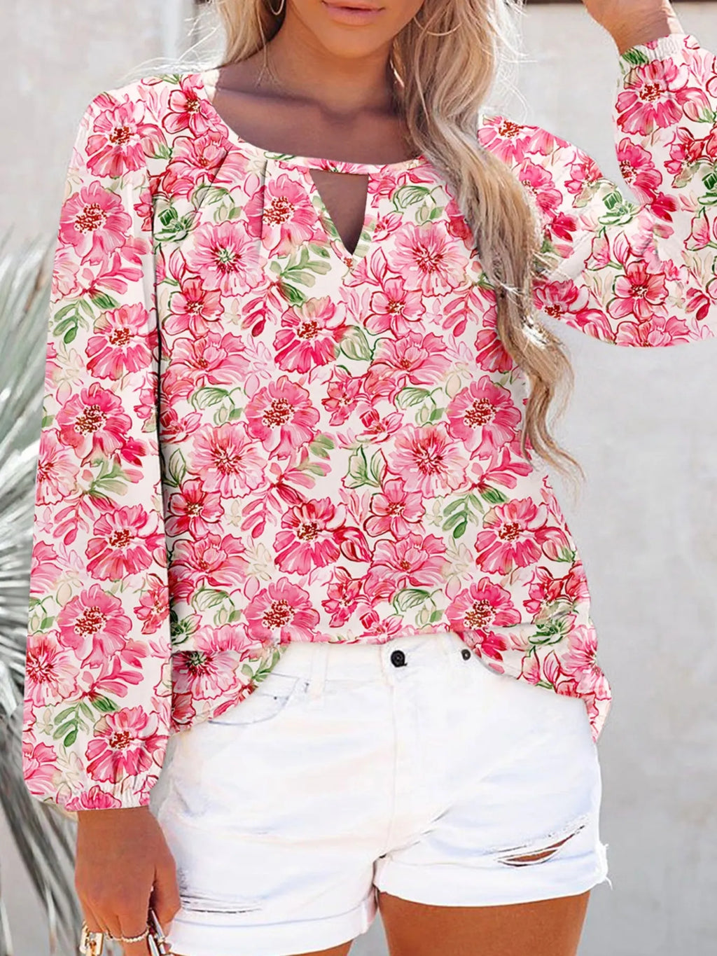 Sarah Express Women's Floral Print Keyhole Neck Blouse