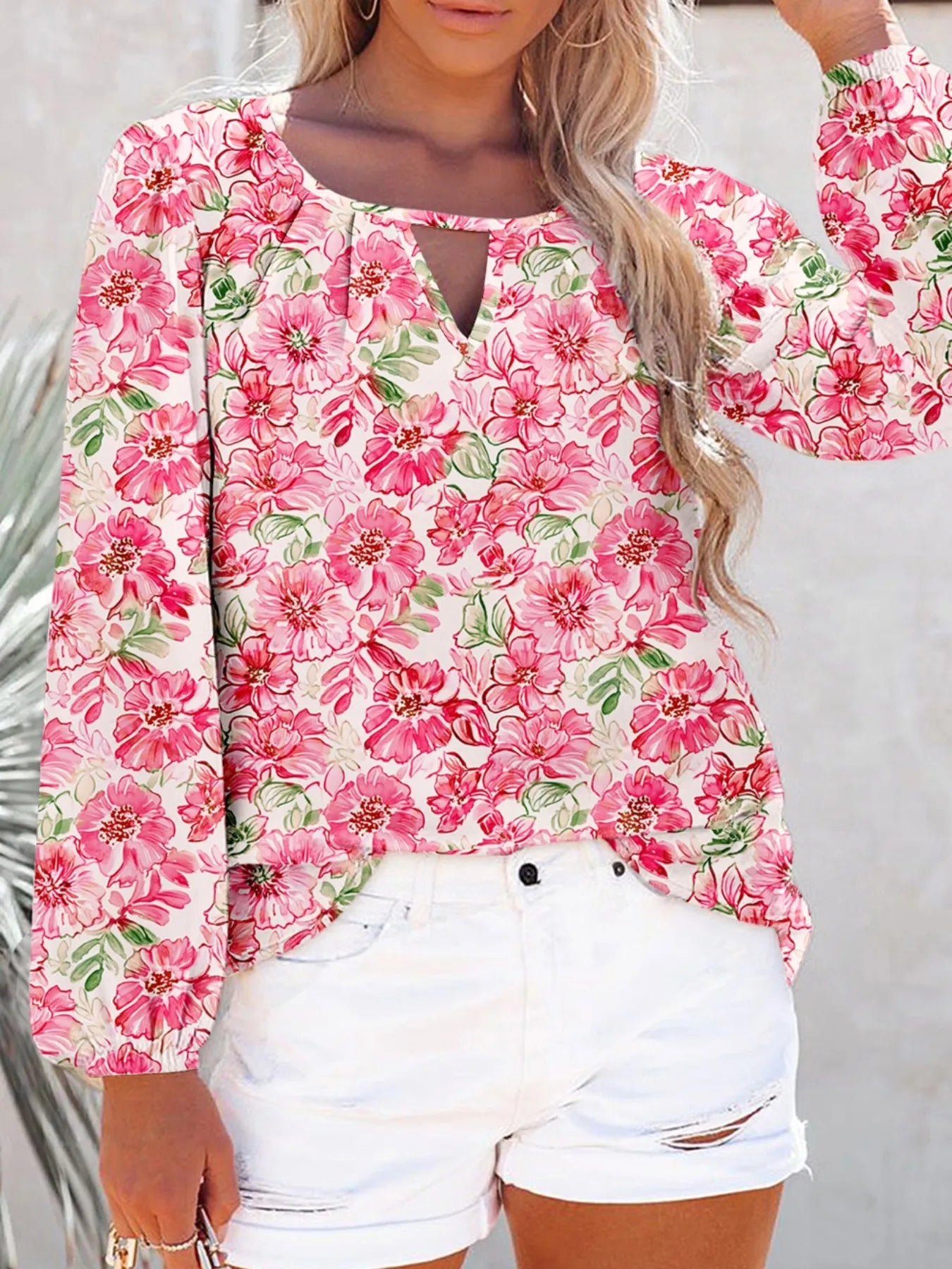 Sarah Express Women's Floral Print Keyhole Neck Blouse