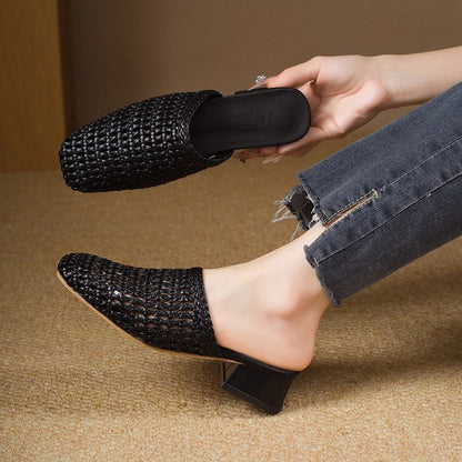 Sarah Express Women's Woven Square Toe Sandals - Casual Summer Flats with Synthetic Leather Upper