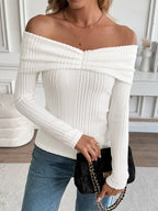 Sarah Express Women's Off-Shoulder Ribbed Knit Top - Stretchy Long Sleeve Sweater