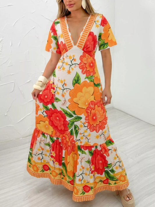 Sarah Express Women's Floral Print V-Neck Maxi Dress Orange