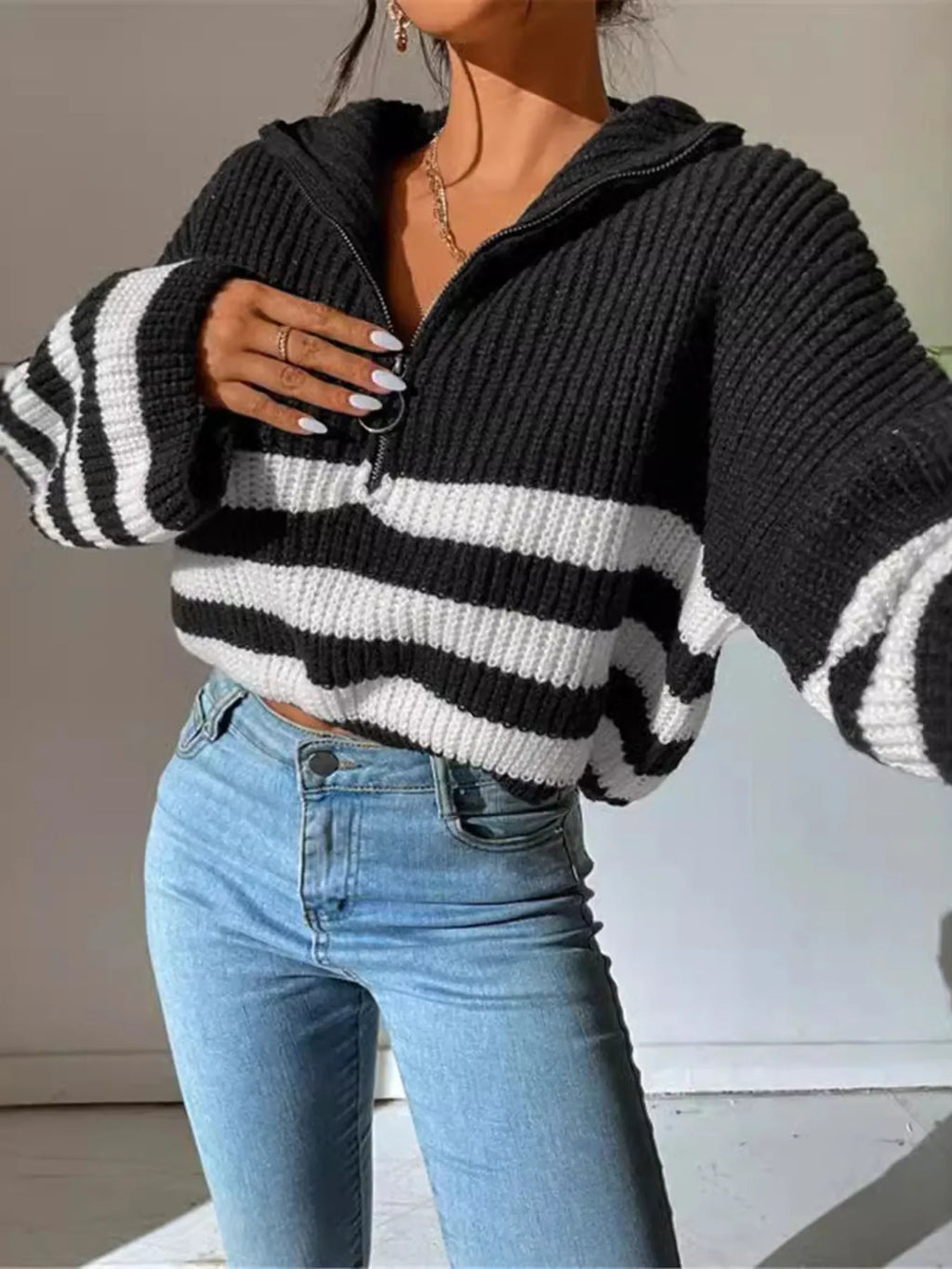 Sarah Express Women's Striped Half Zip Cropped Sweater