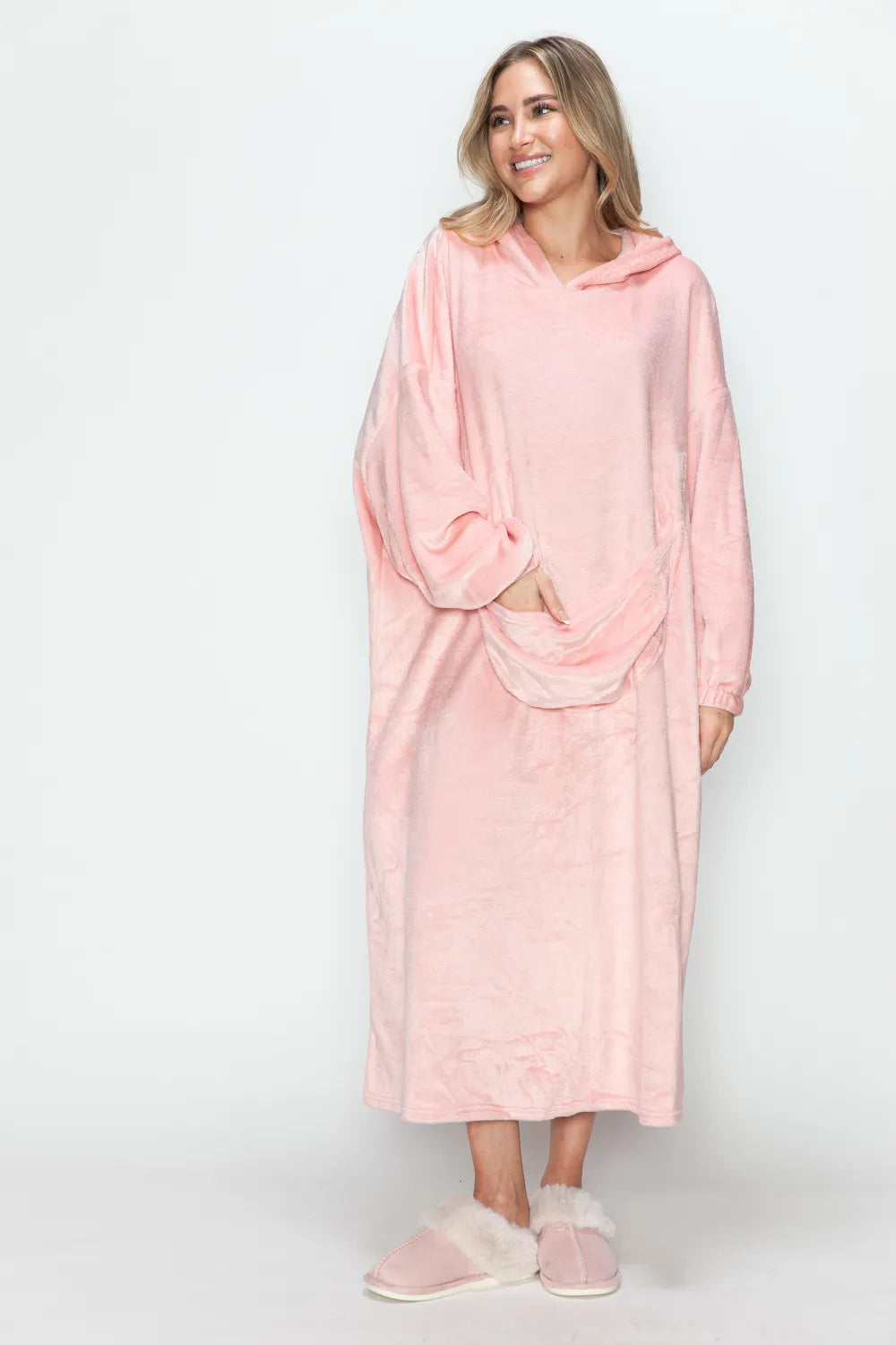 Sarah Express Women’s Plus Size Hooded Midi Lounge Dress with Pockets