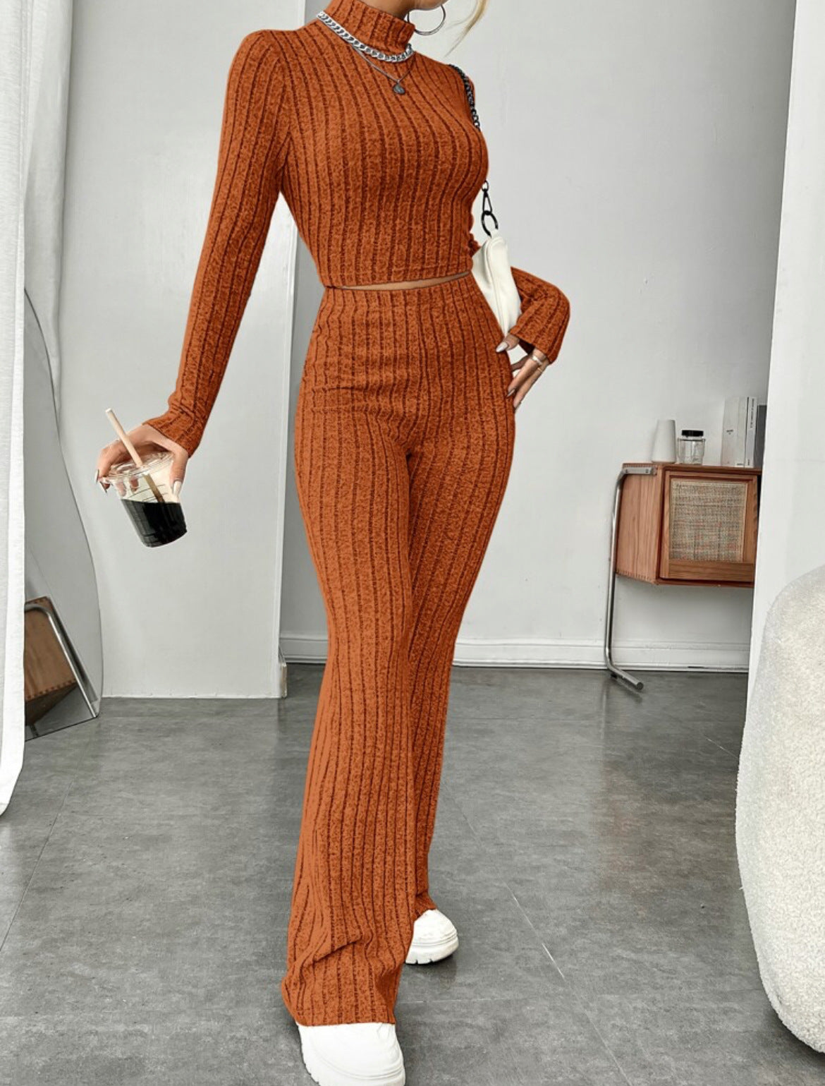 Sarah Express Women's Turtleneck Top and Wide Leg Pants Two-Piece Set Cotton Loungewear Suit