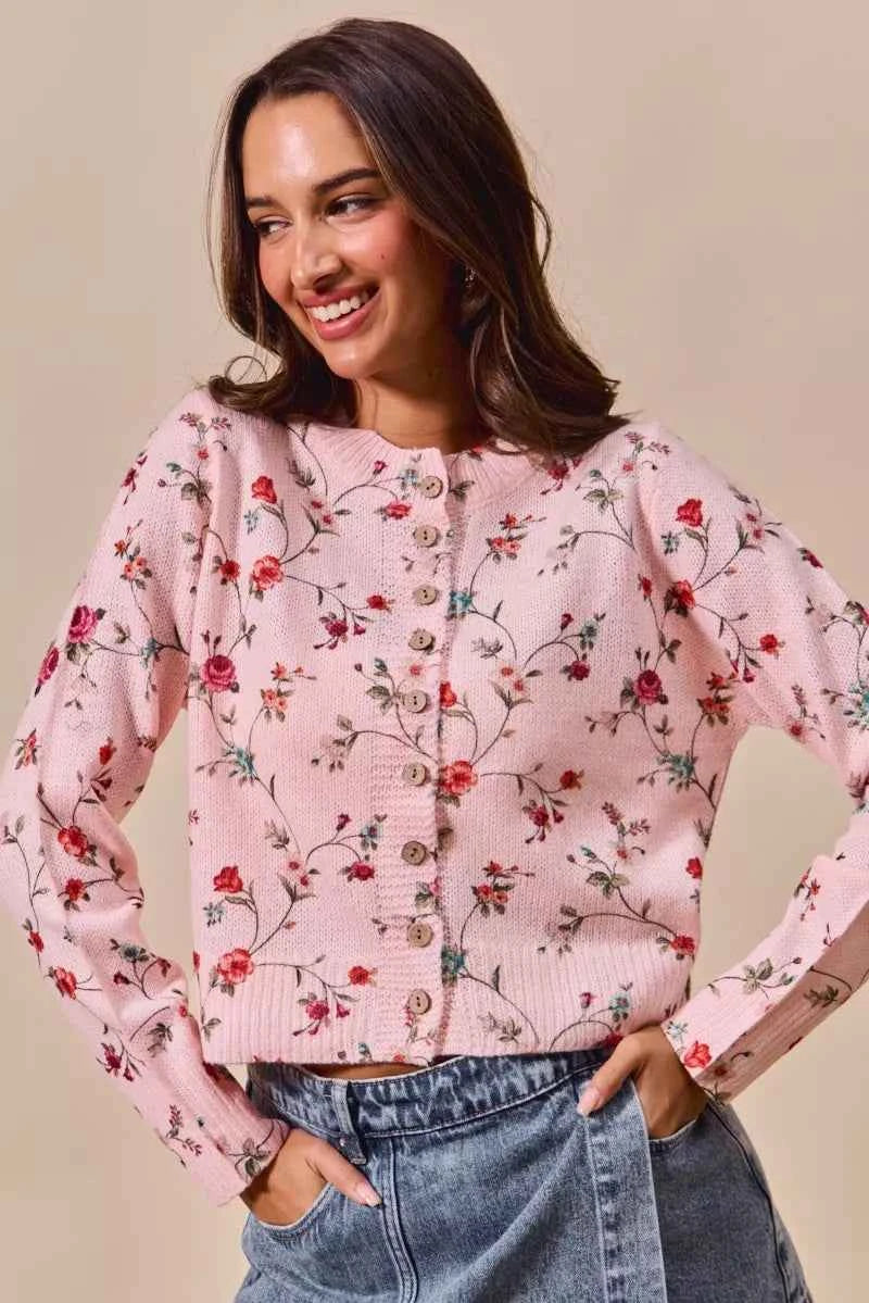 Sarah Express Women's Floral Print Button Front Cardigan Sweater Top