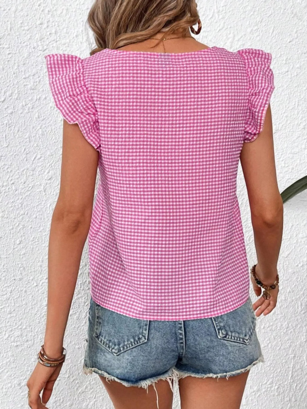 Sarah Express Women's Gingham Ruffle Sleeve Square Neck Blouse