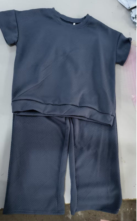 Sarah Express Women's Textured Short Sleeve Top and Pants Two-Piece Casual Set