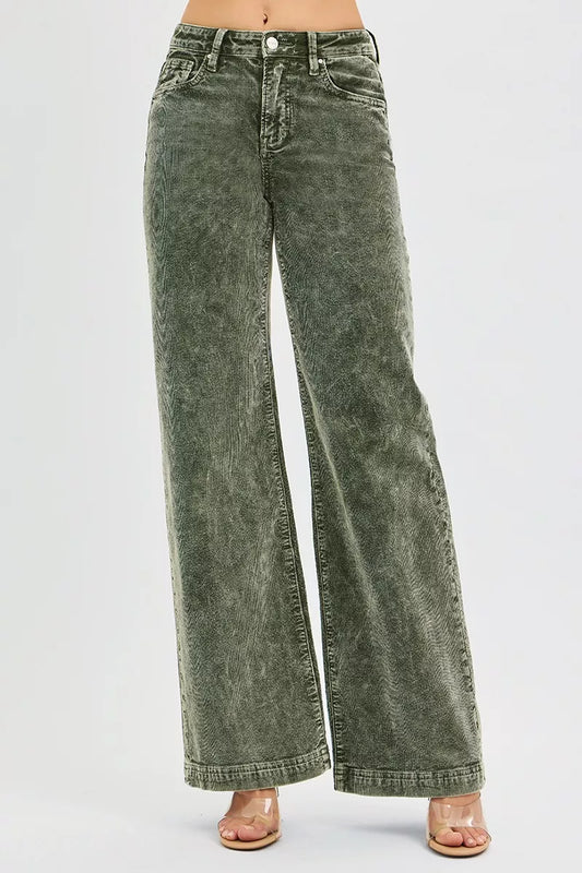Sarah Express Women's High Rise Wide Leg Corduroy Jeans FOREST
