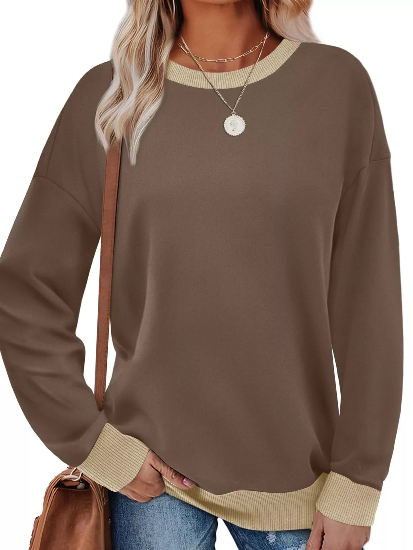 Sarah Express Women's Contrast Trim Crew Neck Casual Sweatshirt Khaki