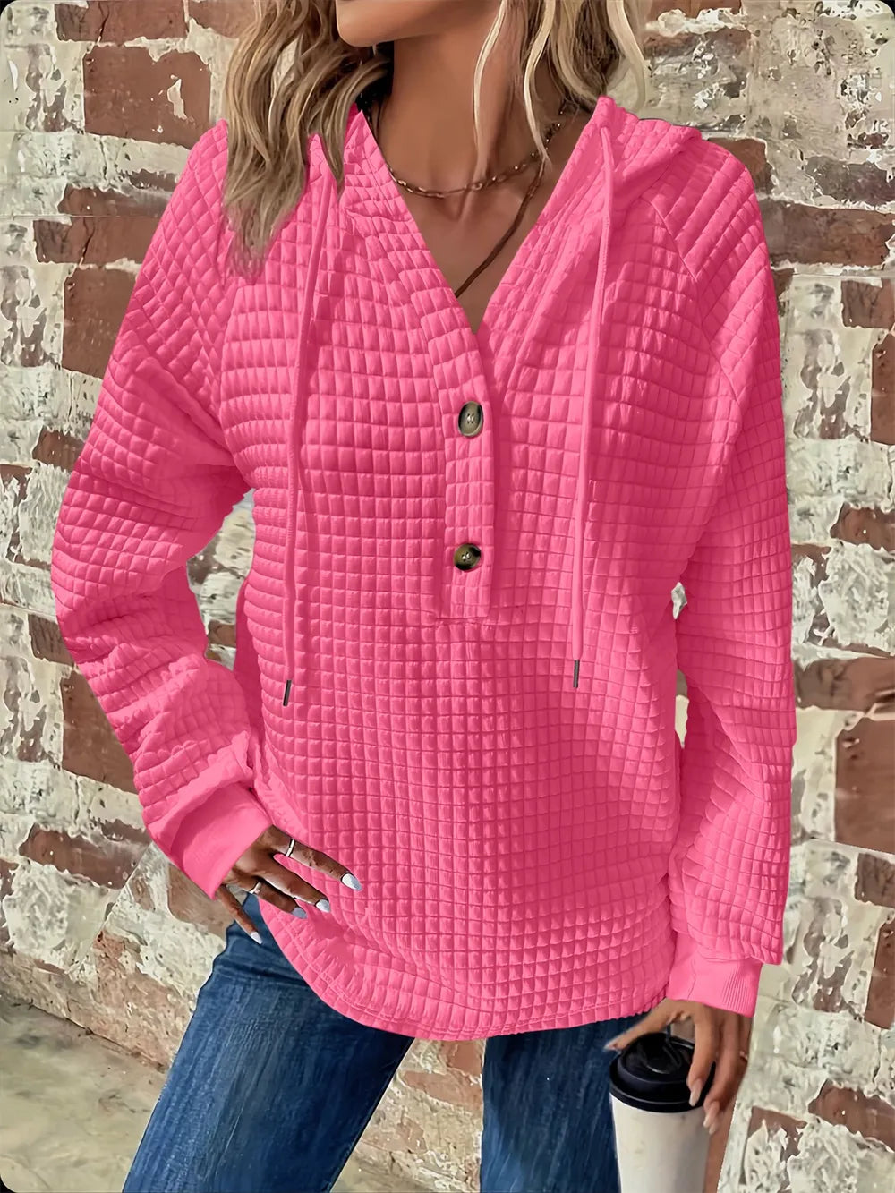 Sarah Express Women's Textured Button Detail Drawstring Long Sleeve Hoodie