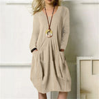 Sarah Express Women's Cotton Linen Pocket Dress Loose Fit Long Sleeve