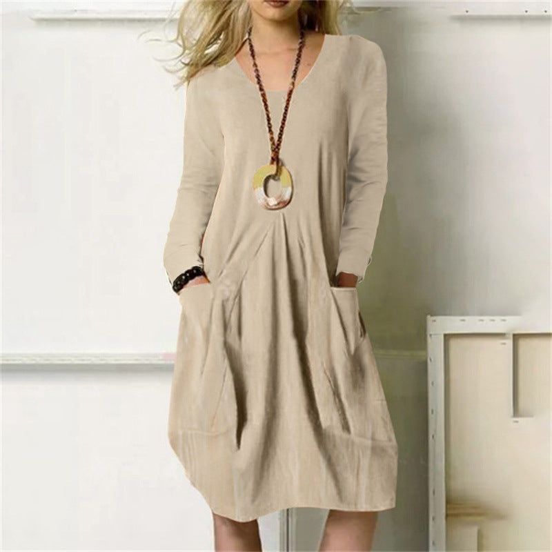 Sarah Express Women's Cotton Linen Pocket Dress Loose Fit Long Sleeve