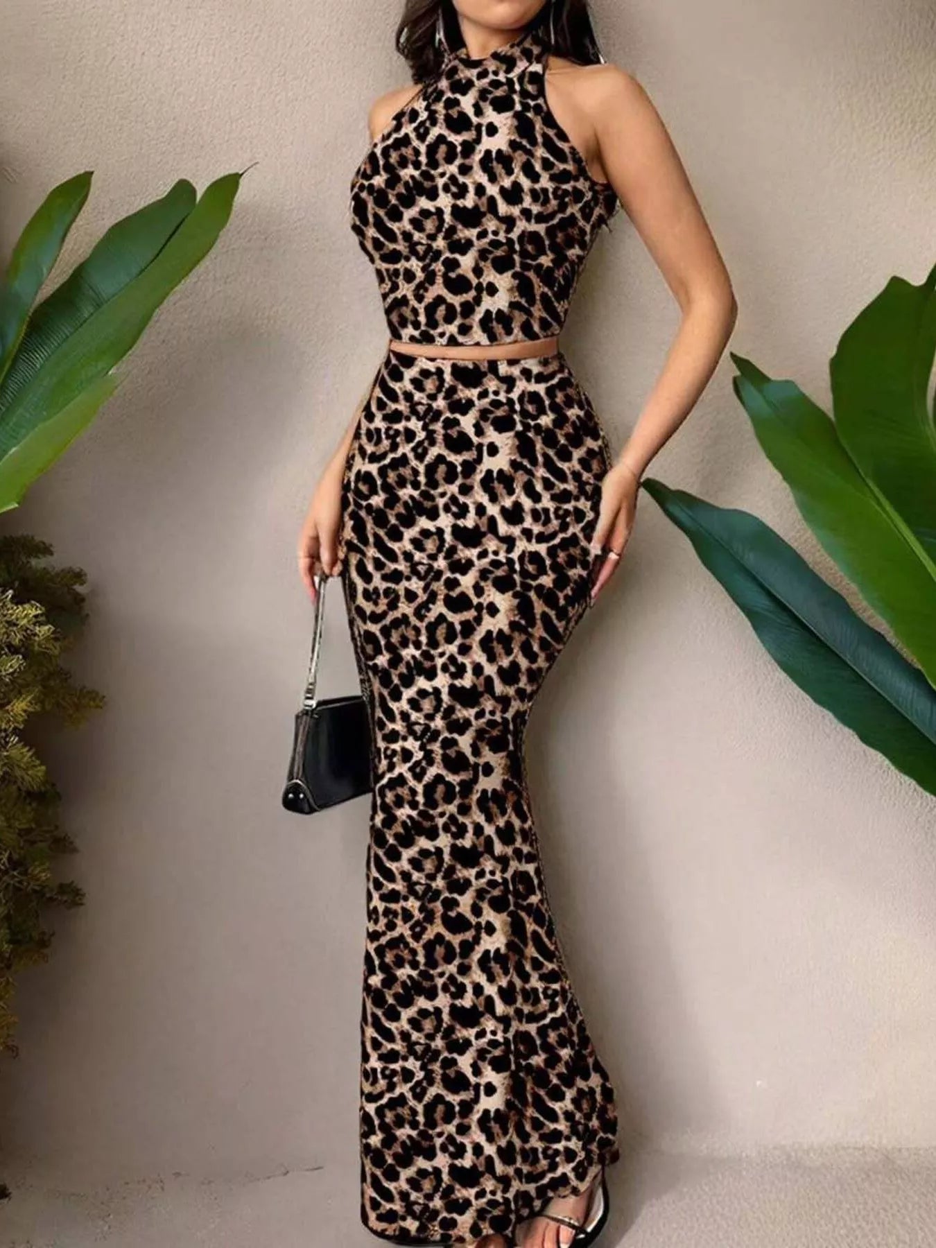 Sarah Express Women's Tie-Dye Halter Top and Mermaid Skirt Set Leopard Print