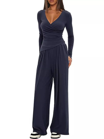 Sarah Express Women's Long Sleeve Top and Wide Leg Pants Set Dark Blue