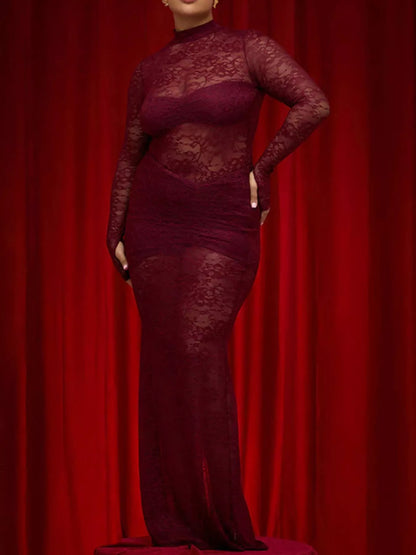 Sarah Express Women's Lace Sheer Mock Neck Long Sleeve Maxi Dress