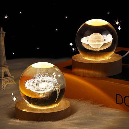 Sarah Express 3D Crystal Ball Night Light - Luminous Planetary Moon Galaxy Projection Lamp with Wooden Base