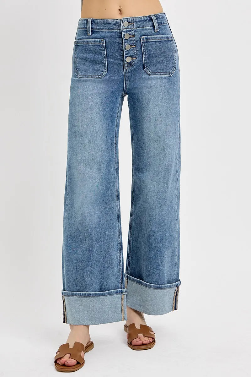 Sarah Express Women’s High Rise Cuffed Wide Leg Jeans with Patch Pockets

