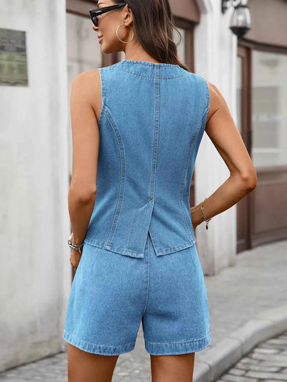 Sarah Express Women's Sleeveless Button-Down Denim Vest & Shorts Two-Piece Set