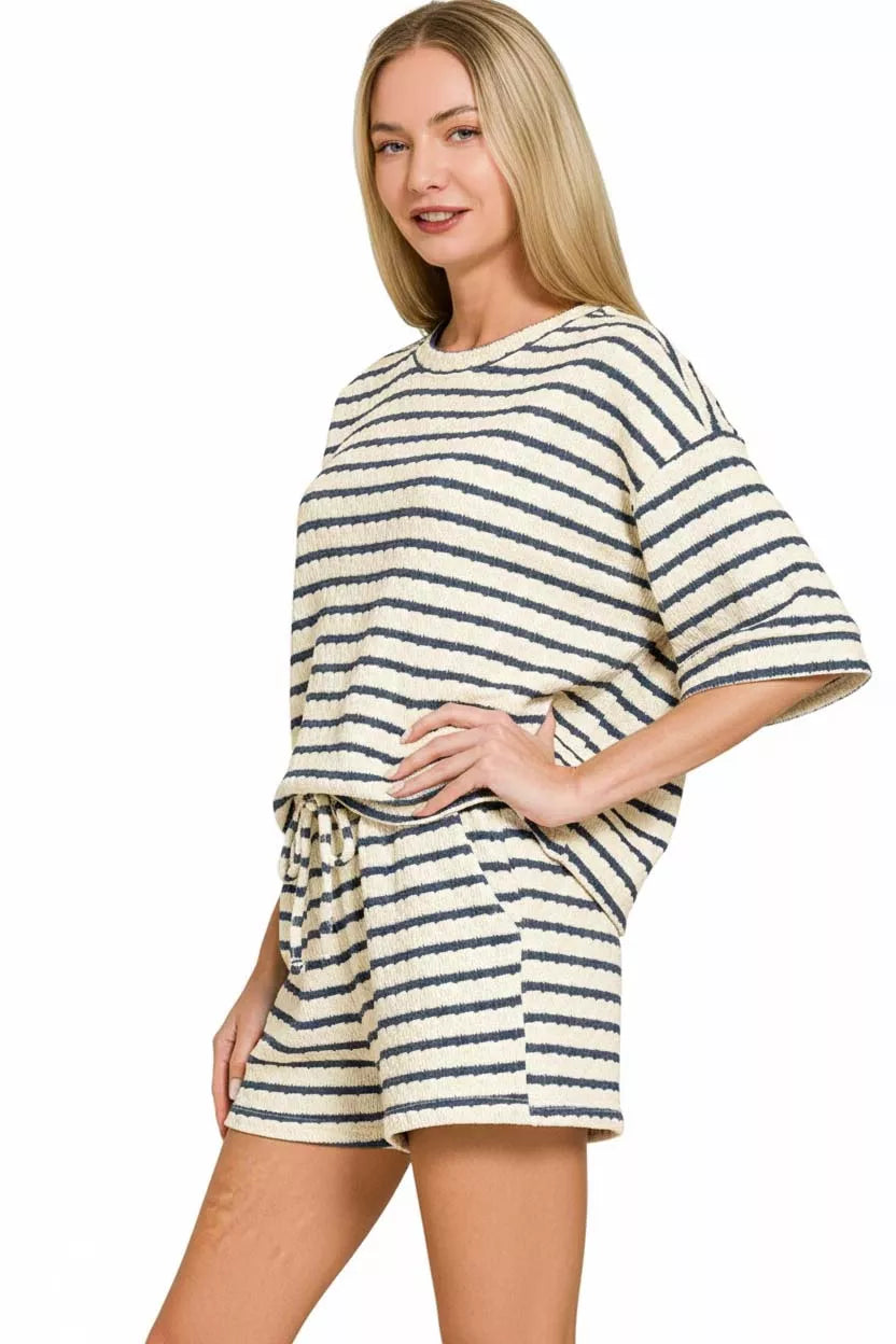 Sarah Express Women's Striped Short Sleeve Tee & Shorts Set