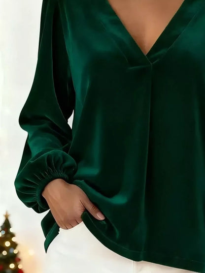 Sarah Express Women's Velvet V-Neck Balloon Sleeve Blouse