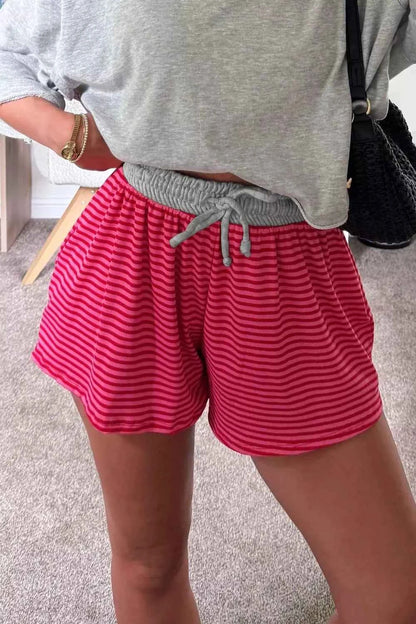 Sarah Express Women's Stripe Contrast Elastic Waist Casual Ribbed Shorts