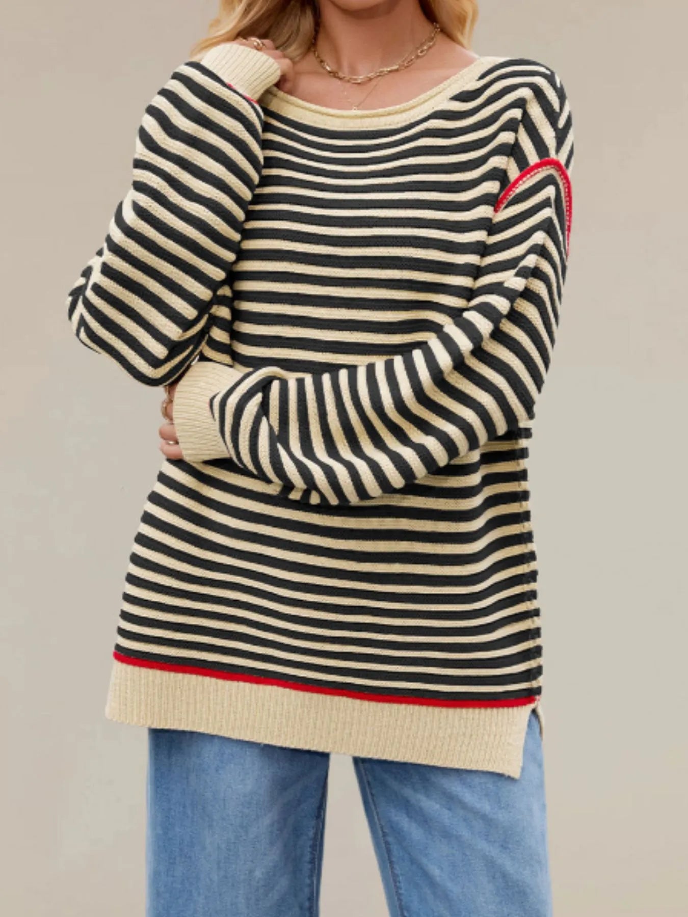 Sarah Express Women's Slit Striped Oversized Sweater