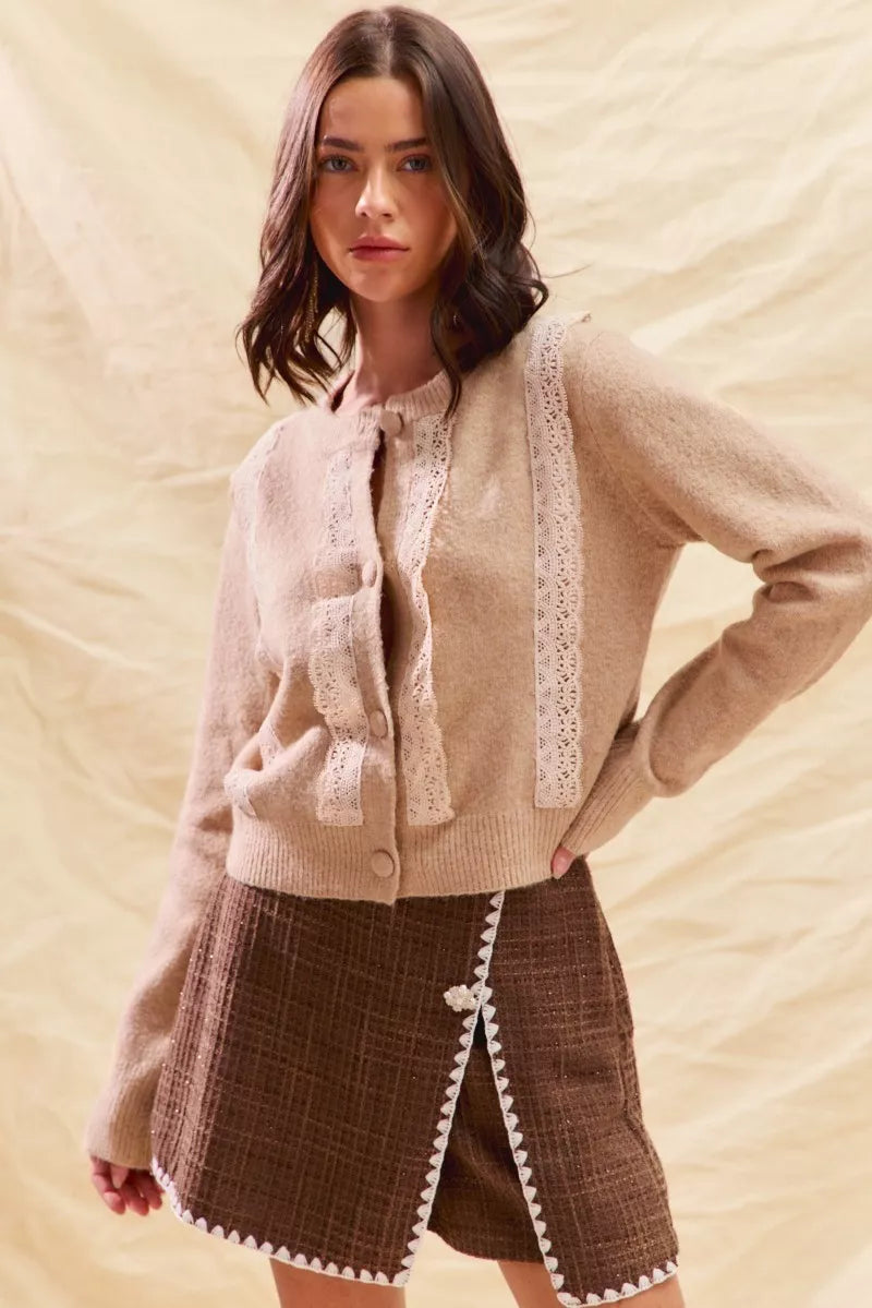 Sarah Express Women's Lace Trim Button Front Cardigan Sweater