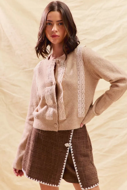 Sarah Express Women's Lace Trim Button Front Cardigan Sweater