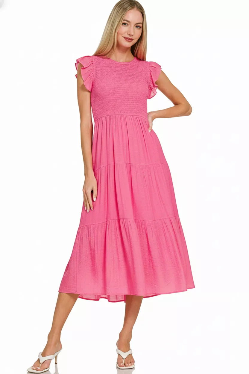Sarah Express Women's Woven Smocked Ruffle Sleeve Midi Dress