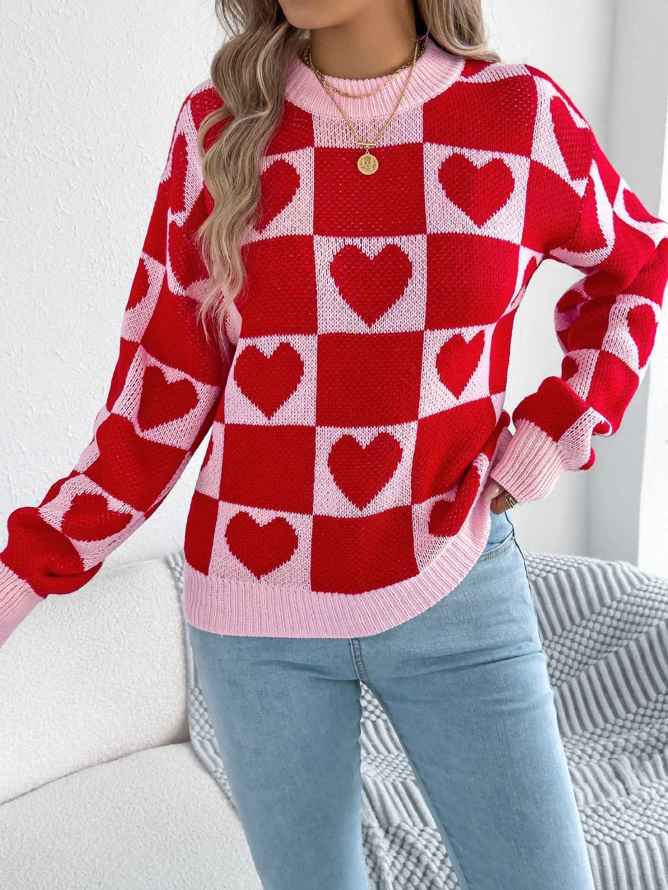Sarah Express Women's Color-Blocked Plaid Heart Lantern Sleeve Pullover Sweater Red