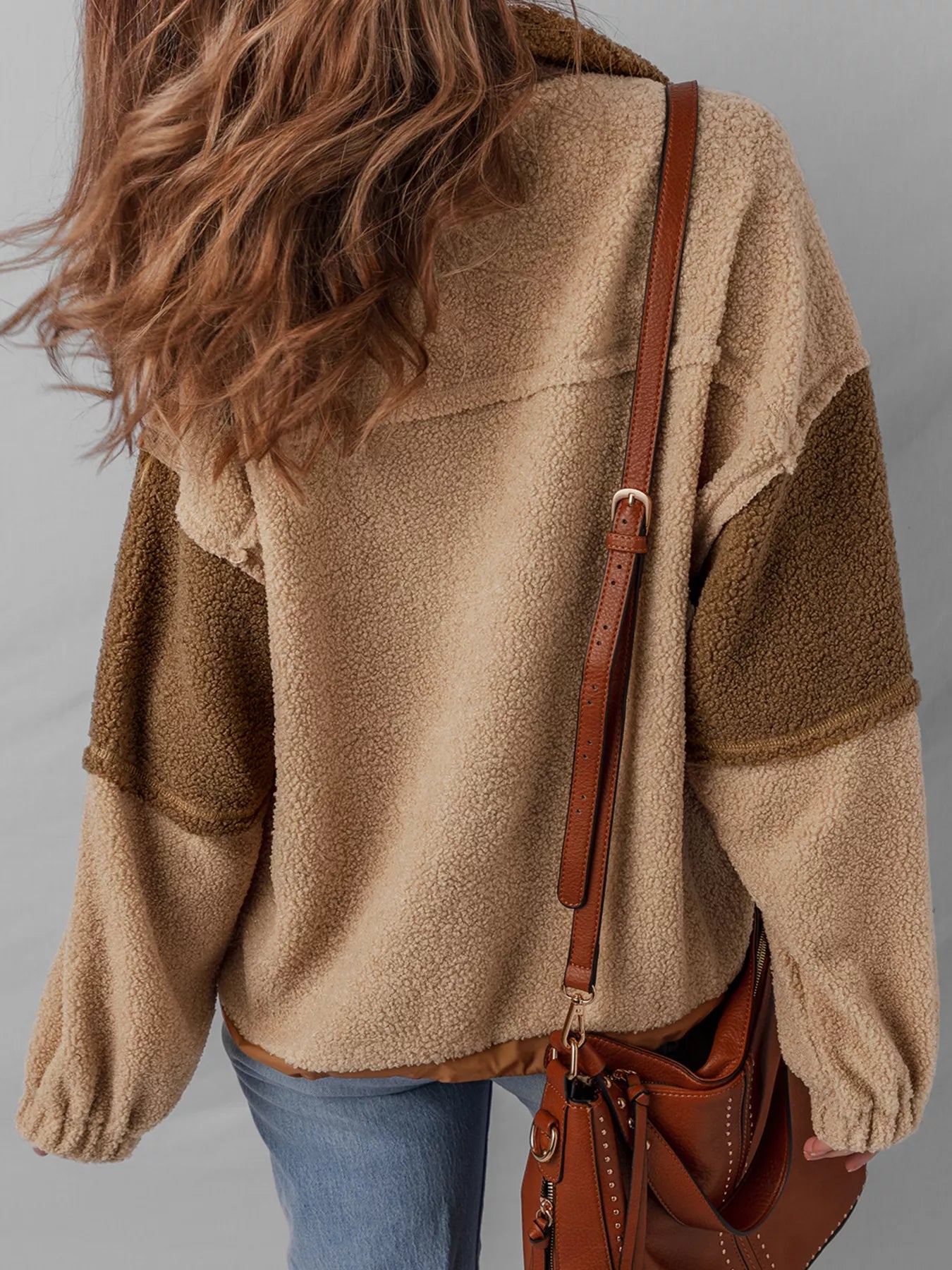 Sarah Express Women's Color Block Patchwork Half Button Sherpa Sweatshirt