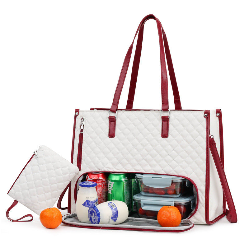 Sarah Express 2-in-1 Tote & Lunch Bag Combo - Extra Large Capacity with Insulated Lunch Compartment White With Red