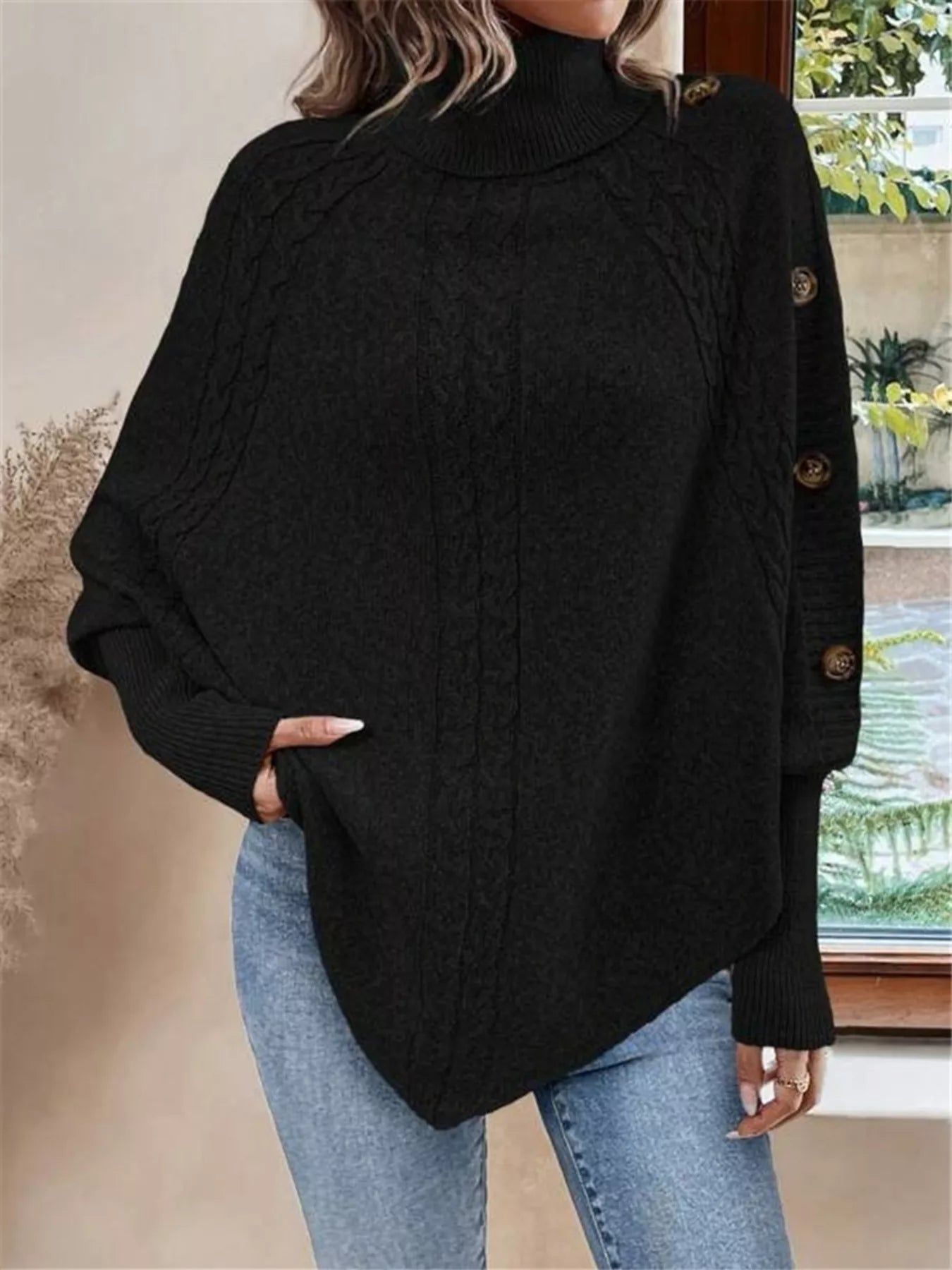 Sarah Express Women's Cable Knit Turtleneck Cape Sweater