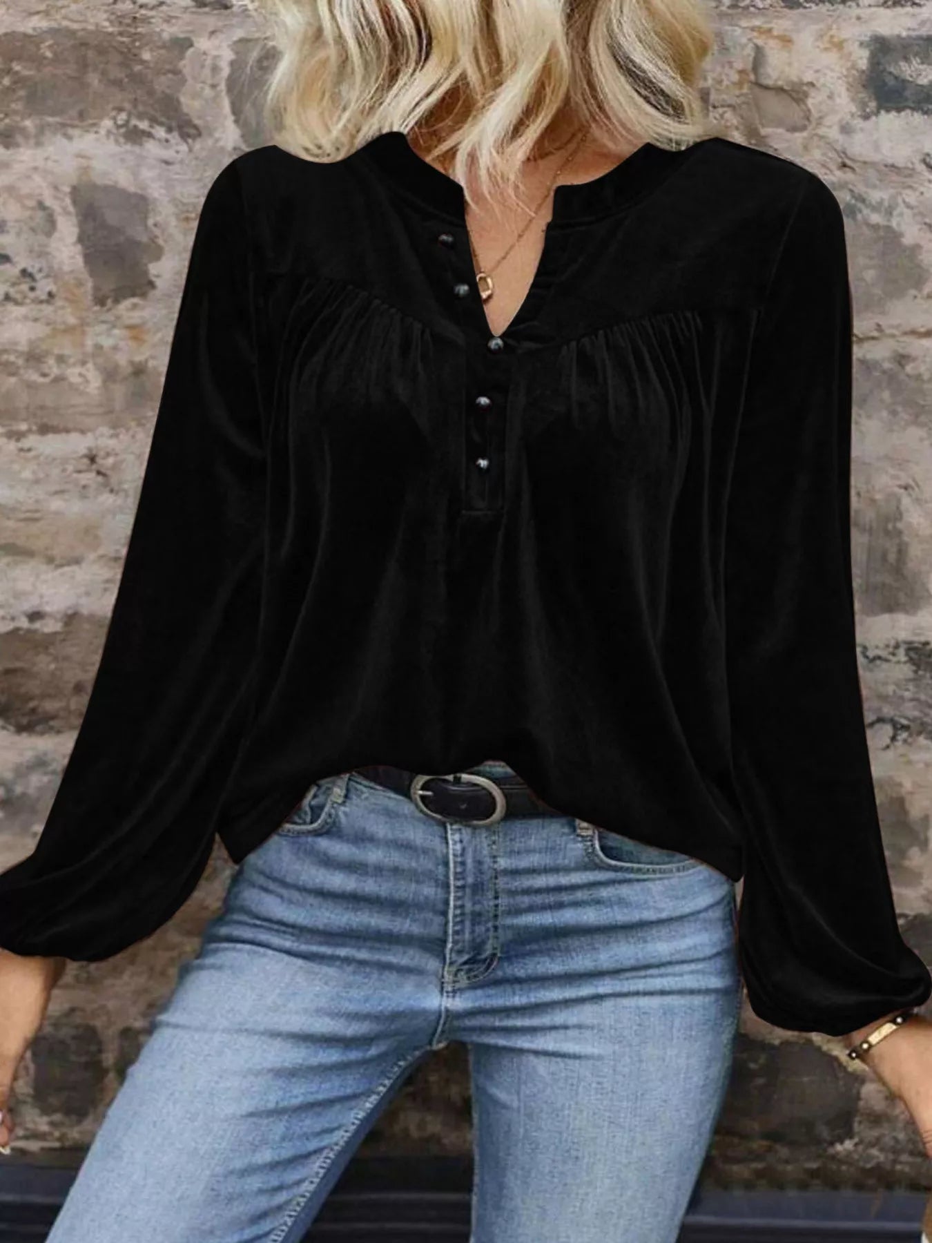 Sarah Express Women's Velvet Balloon Sleeve Blouse