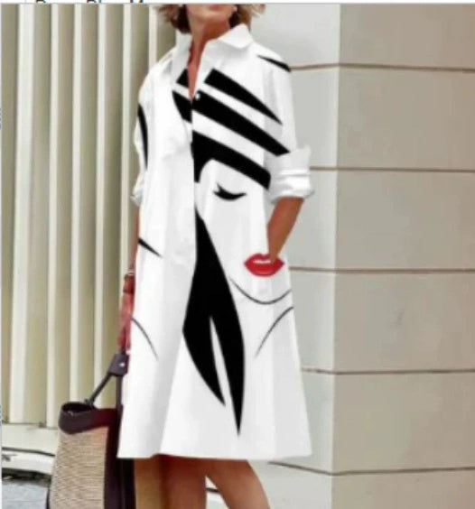 Sarah Express Women's Polo Collar Shirt Dress Long Sleeve Mid Length Cotton Blend Casual