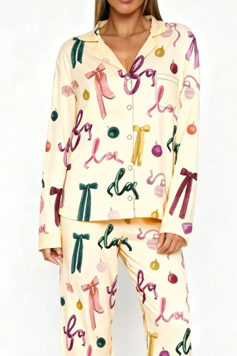 Sarah Express Women's Bow Print Lounge Set - Button-Up Top and Wide Leg Pants Pastel Yellow