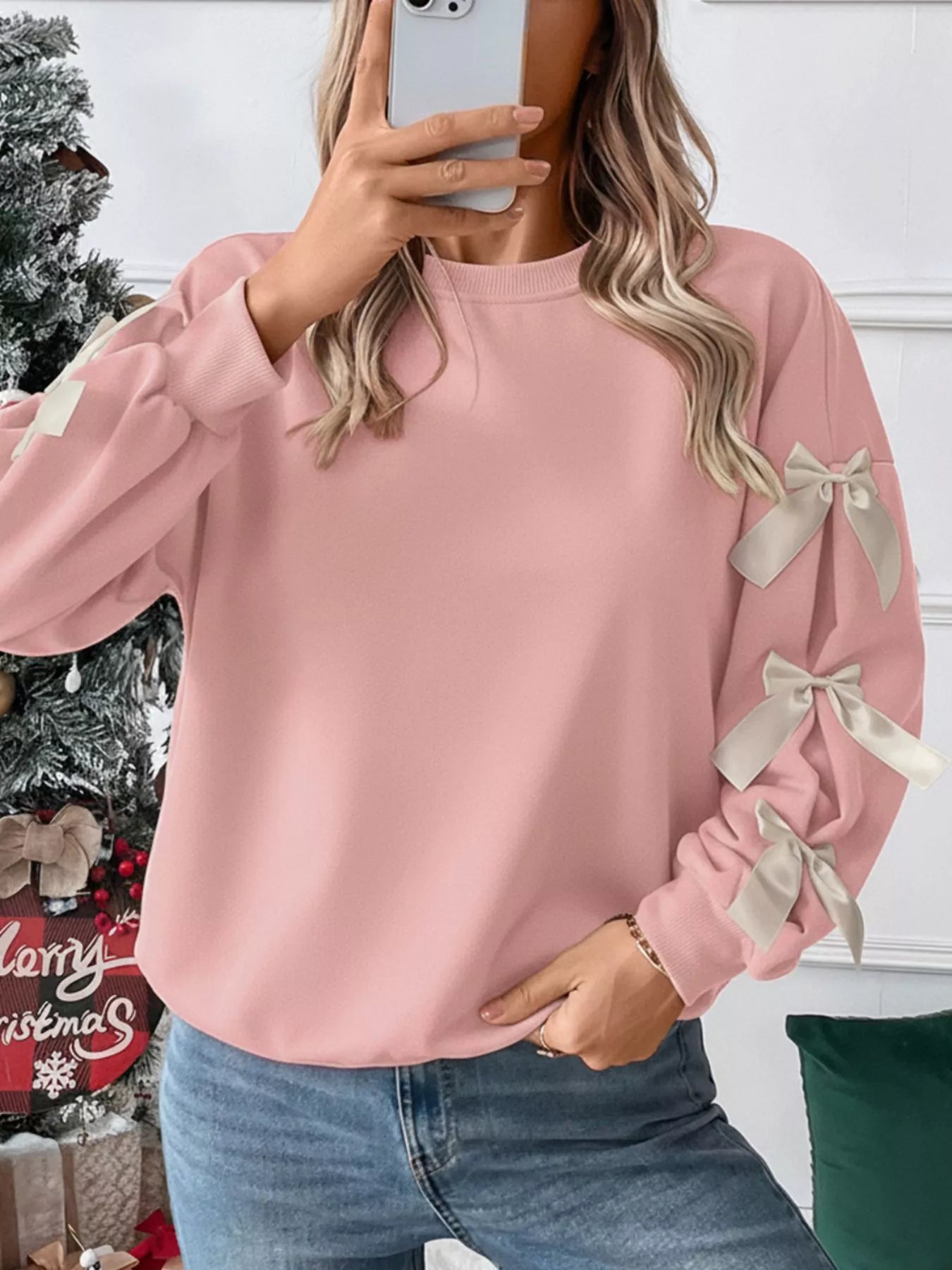 Sarah Express Women's Bowknot Sleeve Round Neck Sweatshirt