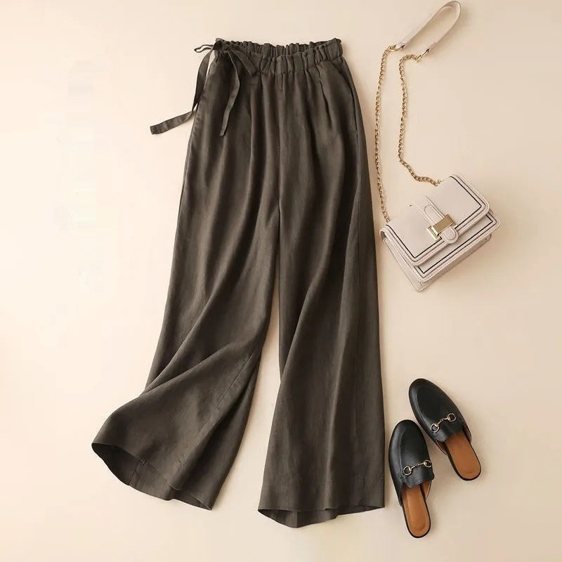 Sarah Express High Waist Lace-Up Cropped Pants Women's Elastic Waist Retro Cotton Casual Bottoms