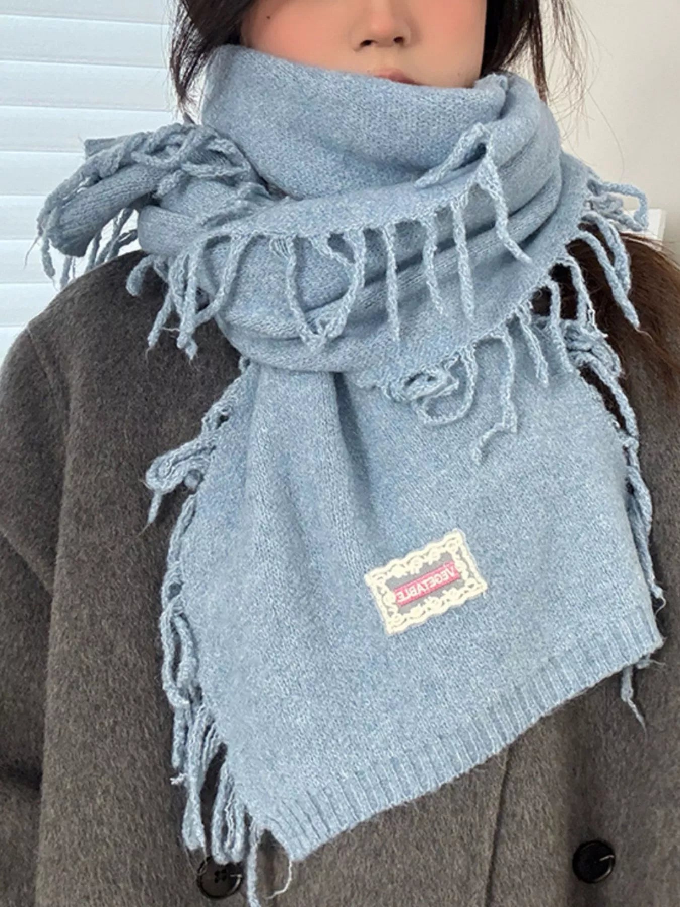 Sarah Express Women's Knitted Fringe Scarf - Soft Polyester Winter Wrap Blue ONESIZE