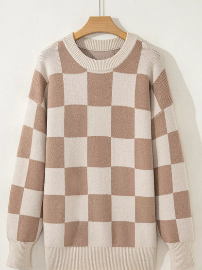 Sarah Express Women's Checkered Pattern Ribbed Trim Knit Baggy Sweater